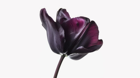 A single deep purple tulip, with its rich color creating a striking contrast against a white backdropの素材