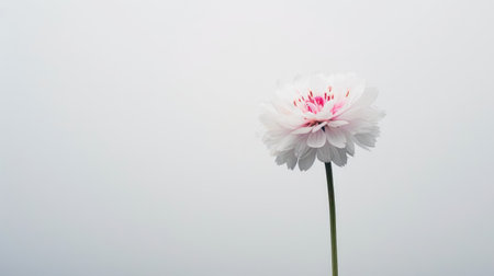 A single white cornflower with pink-tipped petals, standing out against a completely white backgroundの素材