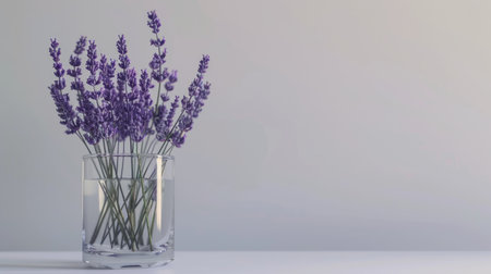 An artistic arrangement of lavender flowers in a clear glass container, placed against a white backgroundの素材