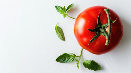 A vibrant tomato lying flat with its green stem and leaves spread out, against a white backgroundの素材