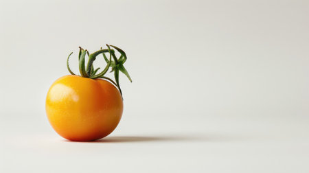 A single yellow tomato with green leaves, standing out against a pure white background --arの素材