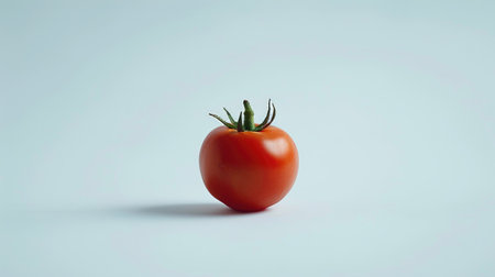 A single vibrant red tomato with green stem, standing out against a clean white backgroundの素材