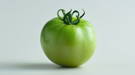 A single green tomato with its unique color highlighted against a white backgroundの素材