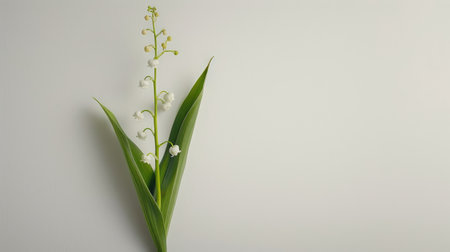 A single stem of delicate lily of the valley flowers with green leaves, standing out against a clean white backgroundの素材