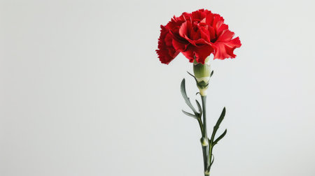 A single vibrant red carnation in full bloom, with green leaves, standing out against a clean white backgroundの素材