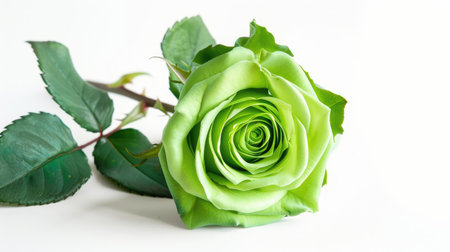 A vibrant green rose with an unusual color, highlighted against a simple white backgroundの素材