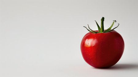 A single deep red tomato with its rich color creating a striking contrast against a white backdropの素材