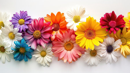 An artistic arrangement of assorted daisies in rainbow colors, placed against a white backgroundの素材