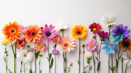 An artistic arrangement of assorted daisies in rainbow colors, placed against a white backgroundの素材
