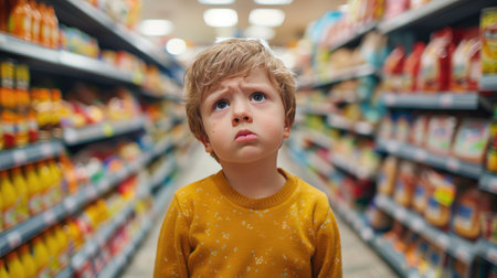 Child crying in a grocery store aisle, looking for a parentの素材