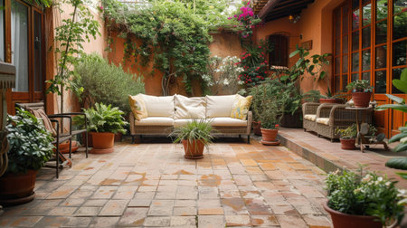 A beautiful terracotta patio with comfortable seating, natural stone flooring, and potted plants creating a serene spaceの素材