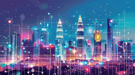 A digital cityscape with interconnected buildings, showcasing advanced IoT technology and smart infrastructureの素材