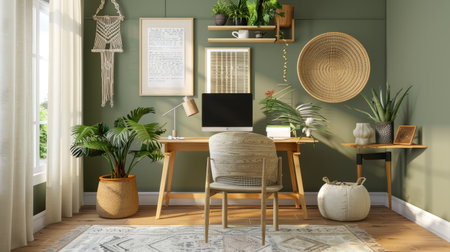 A cozy home office with a wooden desk, earth-tone accessories, and green plants adding a touch of natureの素材