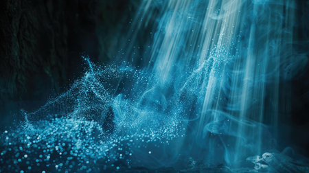 Blue glitter particles gently cascading in soft light rays, forming an enchanting and continuous loopの素材