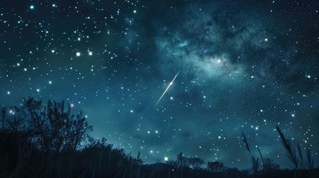 A captivating night sky with a bright shooting star and countless sparkling stars, creating a sense of wonderの素材