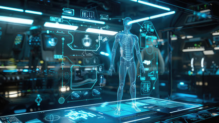 A futuristic digital assistant, represented by a holographic figure, providing information and performing tasksの素材