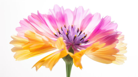 A close-up shot of a yellow and pink gradient cornflower, with the petals creating a beautiful color blend against a white backdropの素材