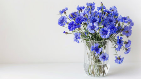 A beautiful arrangement of blue cornflowers in a clear glass vase, placed against a white backgroundの素材