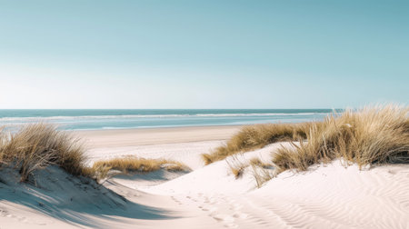 A tranquil beach scene with soft, sandy dunes in shades of beige and brown, under a clear blue skyの素材