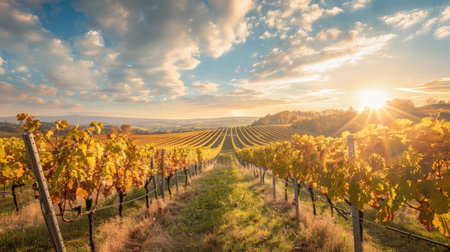 A stunning view of a vineyard in the fall, with grapevines turning golden brown under a warm sunの素材