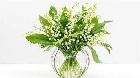 A beautiful arrangement of lily of the valley flowers in a clear glass vase, placed against a white backgroundの素材