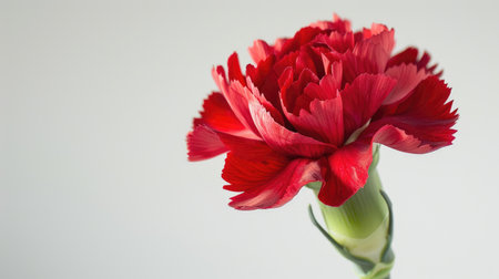 A close-up of a red carnation bud just beginning to bloom, with delicate petals unfolding against a white backgroundの素材
