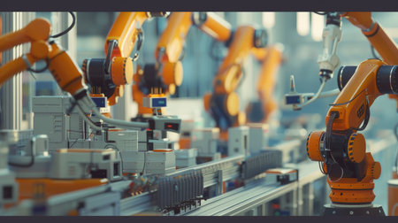 A high-tech manufacturing facility with robotic arms, automated assembly lines, and advanced production technologyの素材