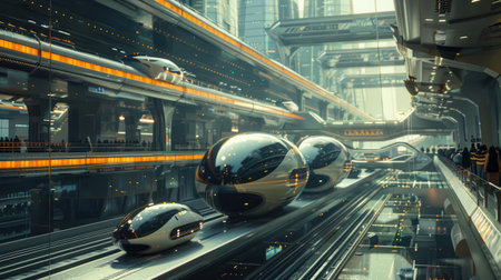 A futuristic transportation hub with autonomous vehicles, high-speed trains, and advanced navigation systemsの素材