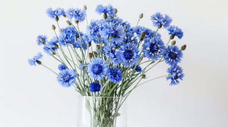 A beautiful arrangement of blue cornflowers in a clear glass vase, placed against a white backgroundの素材