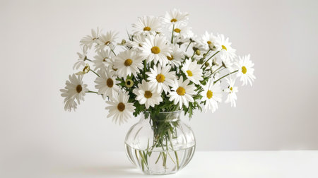 A beautiful arrangement of white daisies in a clear glass vase, placed against a white backgroundの素材