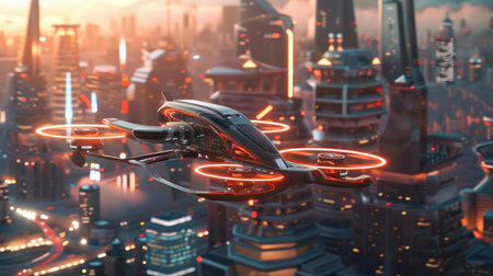 A sleek, modern drone flying over a futuristic city, capturing images with high-tech cameras and sensorsの素材