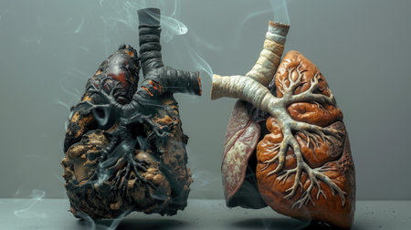 A pair of healthy and smoker's lungs side by side, highlighting the severe damage caused by smokingの素材