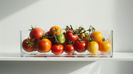 An artistic arrangement of assorted tomatoes in a clear glass container, placed against a white backgroundの素材