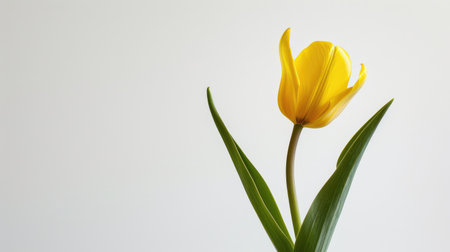 A vibrant yellow tulip with a green stem and leaves, sharply contrasting with a white backgroundの素材