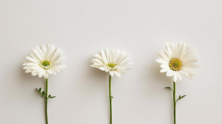 A minimalist arrangement of three white daisies, evenly spaced against a white backgroundの素材