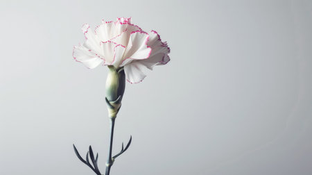 A single white carnation with pink-tipped petals, standing out against a completely white backgroundの素材