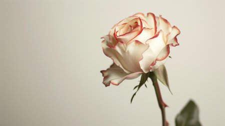 A single white rose with red-tipped petals, standing out against a completely white backgroundの素材