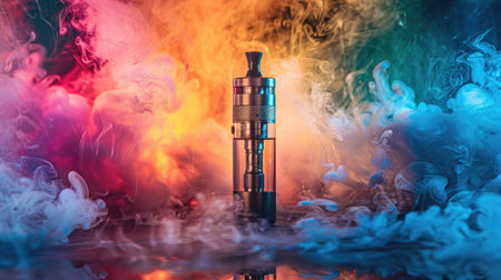 A sleek e-cigarette device resting on a modern table, surrounded by colorful vapor cloudsの素材