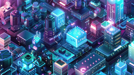 A digital cityscape with interconnected buildings, showcasing advanced IoT technology and smart infrastructureの素材