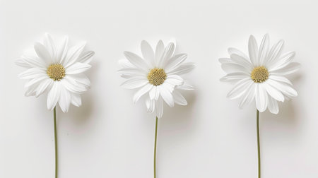 A minimalist arrangement of three white daisies, evenly spaced against a white backgroundの素材