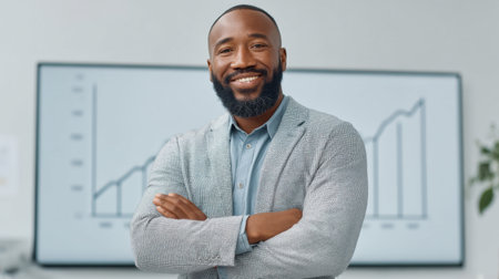 A confident businessman dressed in a gray suit stands with arms crossed in a modern office. Behind him, charts display positive financial growth, symbolizing success.の素材