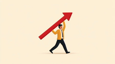 A vibrant illustration of a businessman confidently walking with a large red arrow overhead, symbolizing upward growth and success in the financial realm.の素材