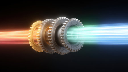 Captivating image of futuristic gears in motion illuminated by vibrant light streams. This artwork symbolizes innovation and dynamic energy in technology. Perfect for creative projects.の素材