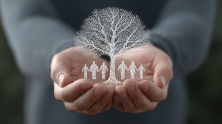 This image depicts hands gently cradling a symbolic tree, emphasizing themes of unity, support, and growth within a diverse community, fostering harmony and care for all.の素材
