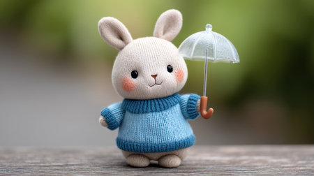 This charming stuffed rabbit figurine with an umbrella showcases warmth and creativity, making it an ideal decor piece for children's rooms and delightful gifts.の素材