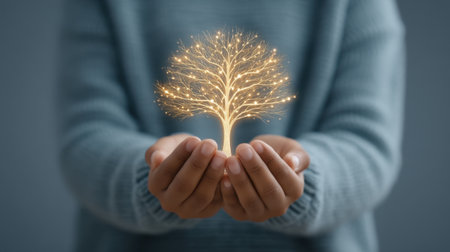 A pair of hands gently hold a luminous tree, representing growth and harmony with nature. This image evokes feelings of peace and connection to the environment.の素材