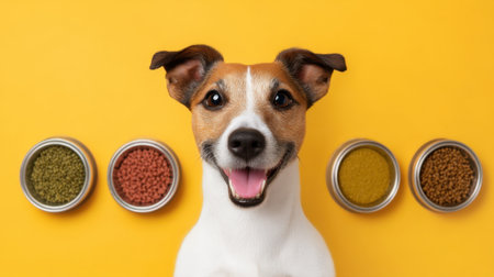 A joyful dog posing in front of colorful pet food bowls, embodying happiness and healthy pet care against a vibrant yellow backdrop, perfect for pet lovers.の素材