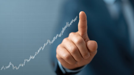 A business professional points a finger at an upward trend graph, symbolizing financial growth and success in a modern workplace, representing progress and achievement.の素材