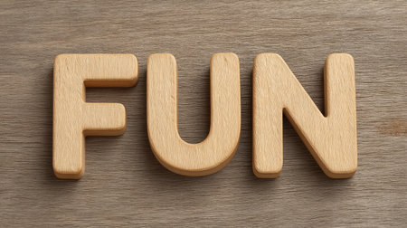 A captivating scene featuring wooden letters that spell "FUN," set against a warm wood background. This image conveys joy, creativity, and playful energy in any environment.の素材