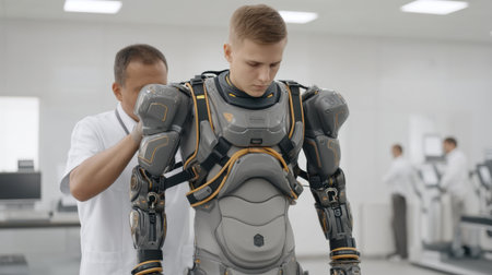 A scientist assists a male subject in donning a cutting-edge exoskeleton suit in a high-tech laboratory, highlighting breakthroughs in robotics and human enhancement.の素材